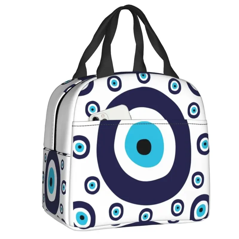 Navy Blue Aqua Nazar Evil Eye Lucky Charm Insulated Lunch Bags Amulet Boho Portable Thermal Cooler Bento Box Camping Travel