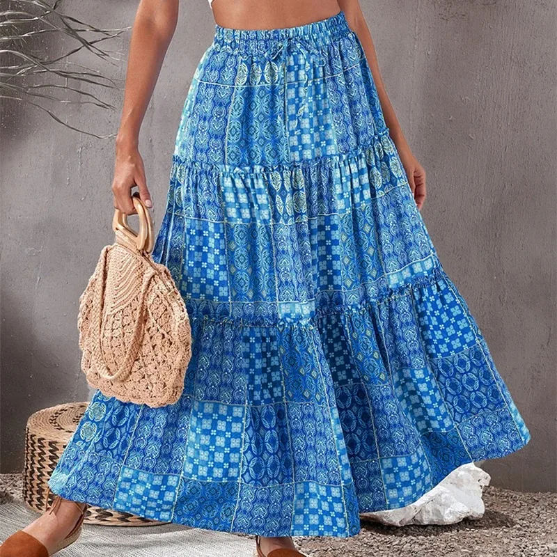 Bohemian Beach Skirt Vintage Ruffle Loose A-line Skirt Elastic High Waist Printed Summer 2025 New 8626