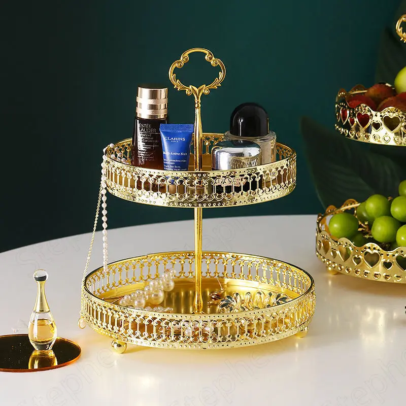 Golden Hollow Double Layer Cake Stand Nordic Light Luxury Fruit Snacks Tray Wedding Decoration Gilded Metal Trays Decorative | Дом и сад