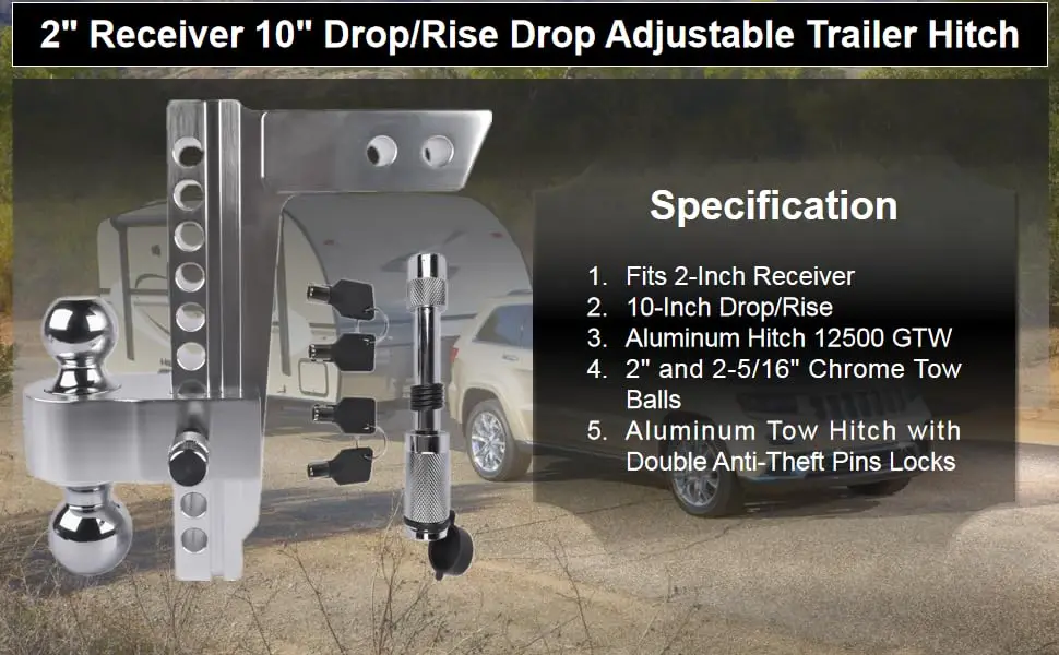 Aluminum 2 Inch Receiver 10 Inch Drop/Rise Drop Adjustable Trailer Hitch