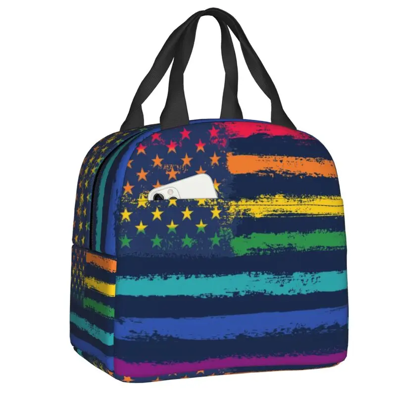 

Custom LGBT Gay Pride American Flag Lunch Bag Men Women Cooler Thermal Insulated Lunch Box for Adult Office