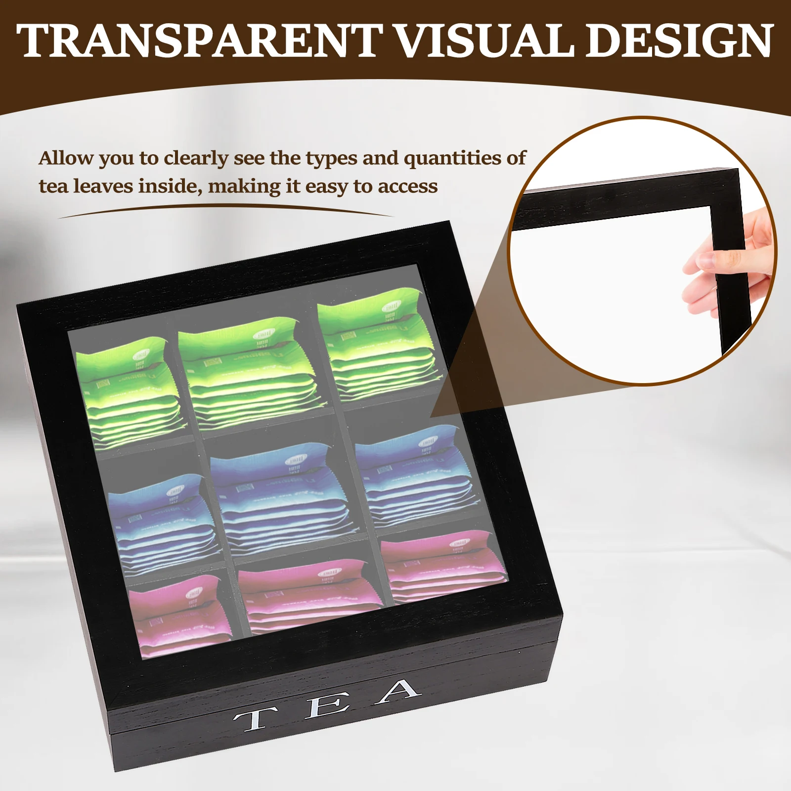 Wood Tea Bag Storage Box with Clear Lid 9 Compartments Square Container Desktop Jewelry Organizer Tea Box Case 3