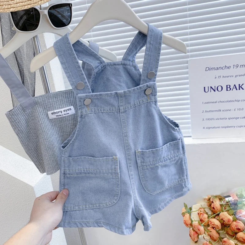 

Girls' Denim Overalls Shorts Korean Children's Clothing Boys and Girls Baby Loose Cropped Pants Casual Pants SummerJ1002WS