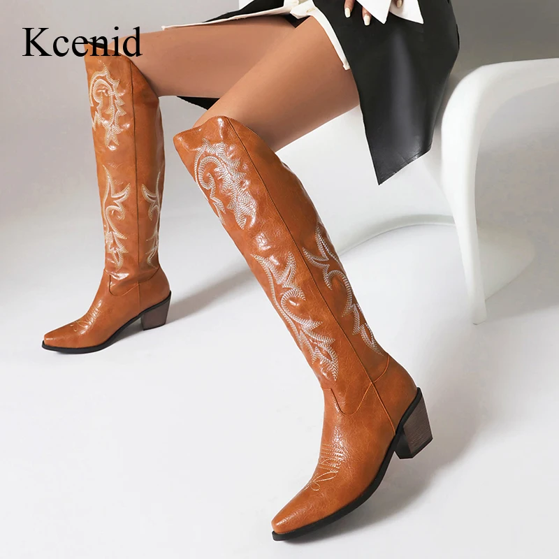 Kcenid Fashion Embroidery Pointed Toe Over The Knee Boots Slip On Low Heels Western Cowboy Boots  Vintage Women Shoes Plus Size