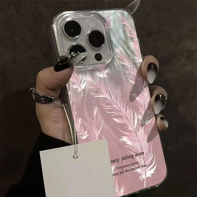 Pink Feather Aurora Phone Case with Soft Edge and Hard Back Cover