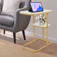 Table d'appoint en forme de C Table basse Table d'appoint de canapé à 2 niveaux Table de collation avec étagère de rangement pour salon chambre cadre en métal blanc 4