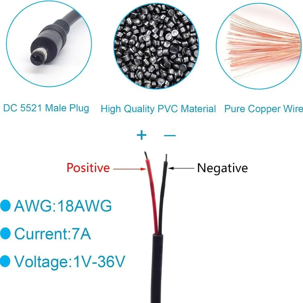 Premium Copper Power Supply Connector Cable | 18AWG 5.5x2.1mm Male-Female DC Connector | 7A Capacity