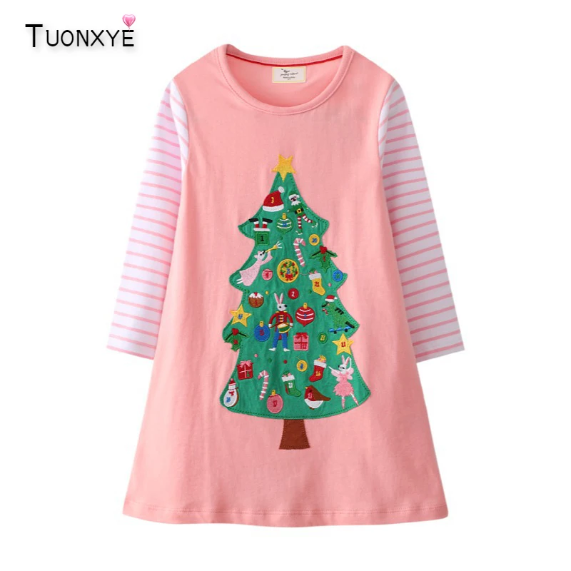 

TUONXYE осеннее платье с длинным рукавом для девочек с вышивкой цветы Рождественская елка Радуга Единорог Детские хлопковые повседневные платья