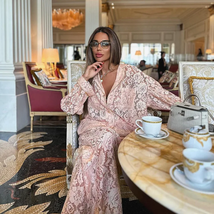 Lace Hollow Out Printed 2 Piece-Set Trousers Female See-Through Sexy See-Through Shirts And Fashion Women's Pants Outfits