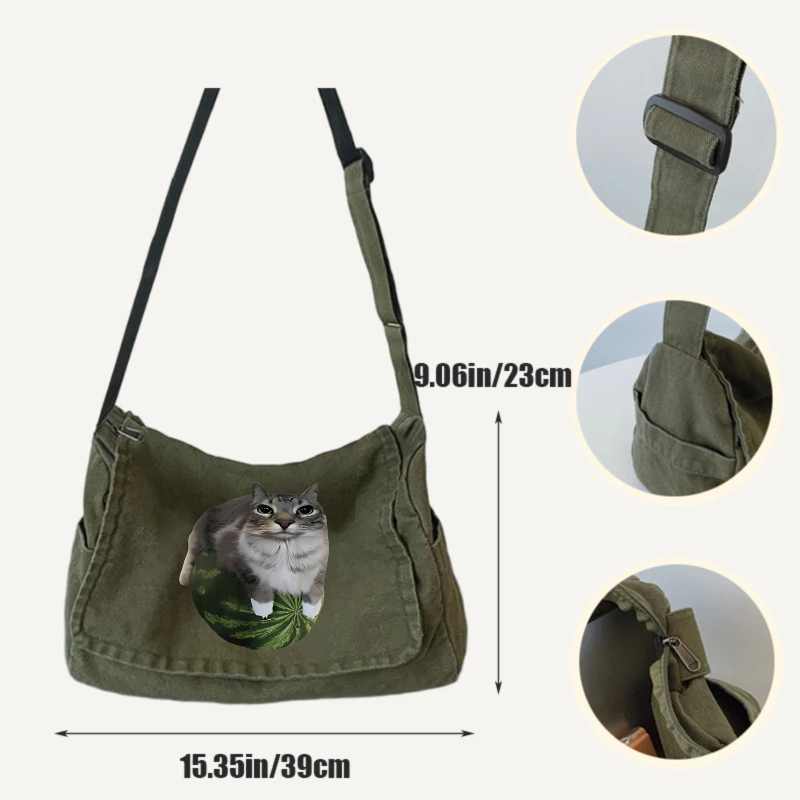 Women's Shoulder Bag Playful Cat Print Canvas Large Capacity Crossbody Bag Multiple Pockets Laptop Bag Unisex Commuting