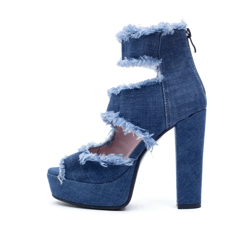 Spring Summer Women Sandals Shoes Platform Jeans Blue Denim Ankle