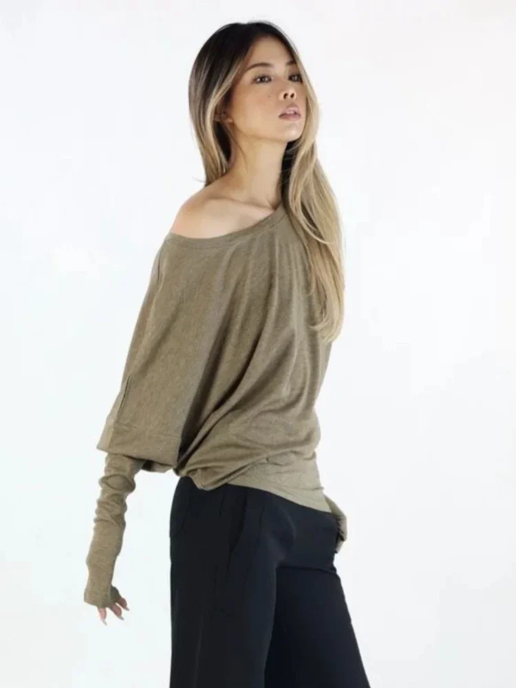 Oversized Grunge Solid Casual T-Shirt Pleated Vintage Simple Off Shoulder Tees All Match Streetwear Tshirts Korean Y2k Aesthetic 2
