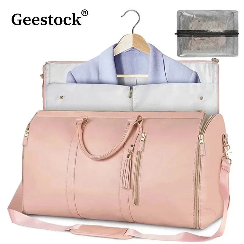 Geestock Large PU Folding Suit Storage Bag Women High Capacity Luggage Handbag Sport Outdoor Waterproof Travel Bag Organizer