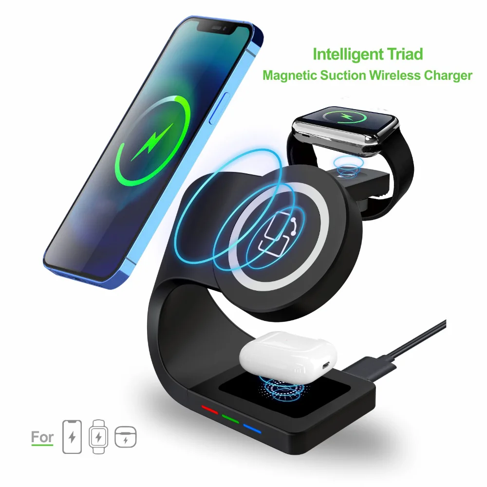 

3 в 1 беспроводная зарядная подставка 15 Вт Быстрая зарядка для iPhone Apple Watch Airpods Pro светодиодные индикаторы Беспроводное зарядное устройство
