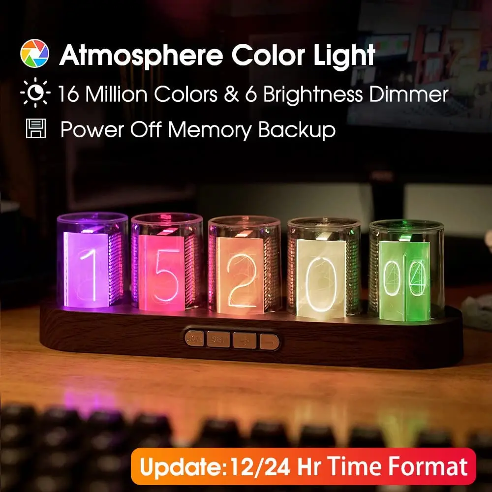 

Nixie Tube Clock Simulation Night Light,RGB Digital Clock,Modern Table Clock Desktop Decoration,Reteo Modern Creative Desk Clock