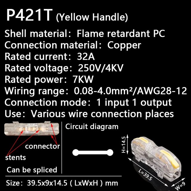 Mini Fast Wire Cable Connectors Universal Compact Conductor Spring Splicing Wiring Connector Push-in Terminal Block P421 F12 P421 T (YL Handle)