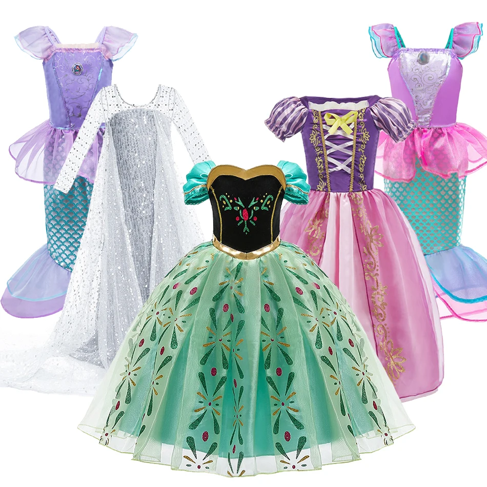 Bambini Principessa Costume Ragazze Elsa Anna Carnival Dress Pageant Halloween Party Clothes Bambini Rapunzel Mermaid Ariel Fancy Dress