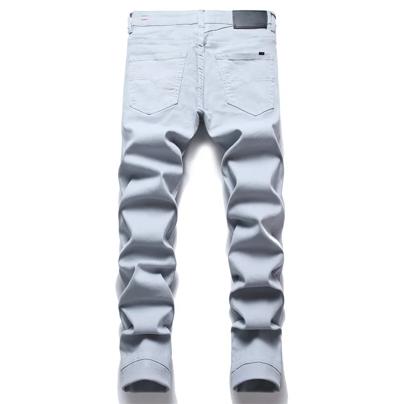 Solid Color Men's Fashion Slim Stretch Jeans High Street Casual Streetwear Autumn Hip Hop Mid-Waisted Trousers 2