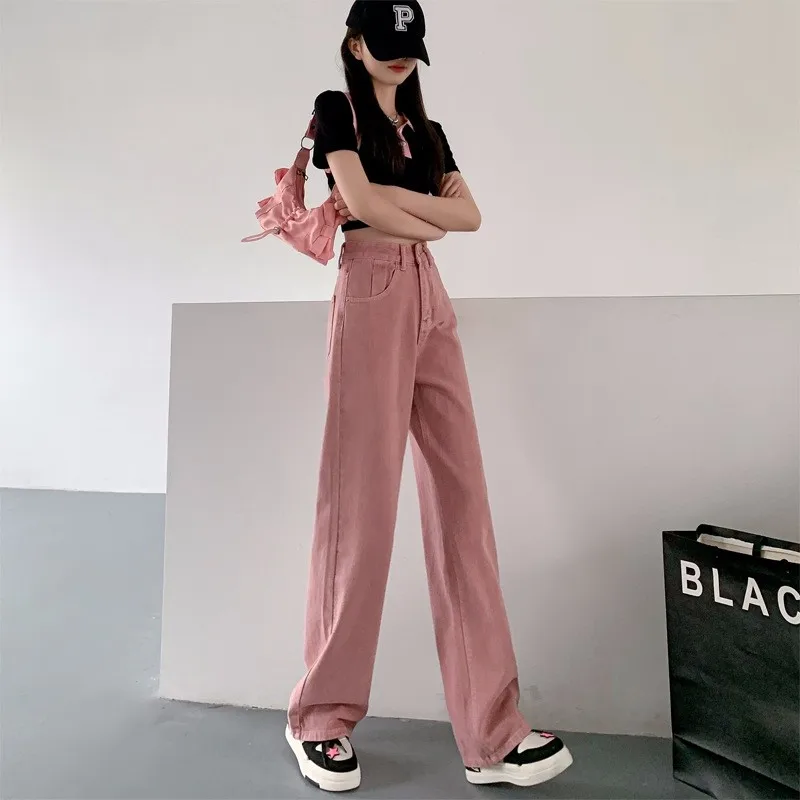 

2023 New Pink High Waist Wide Leg Jeans For Women Summer Drape Design Straight Pants All-Match Slimming Mopping Style