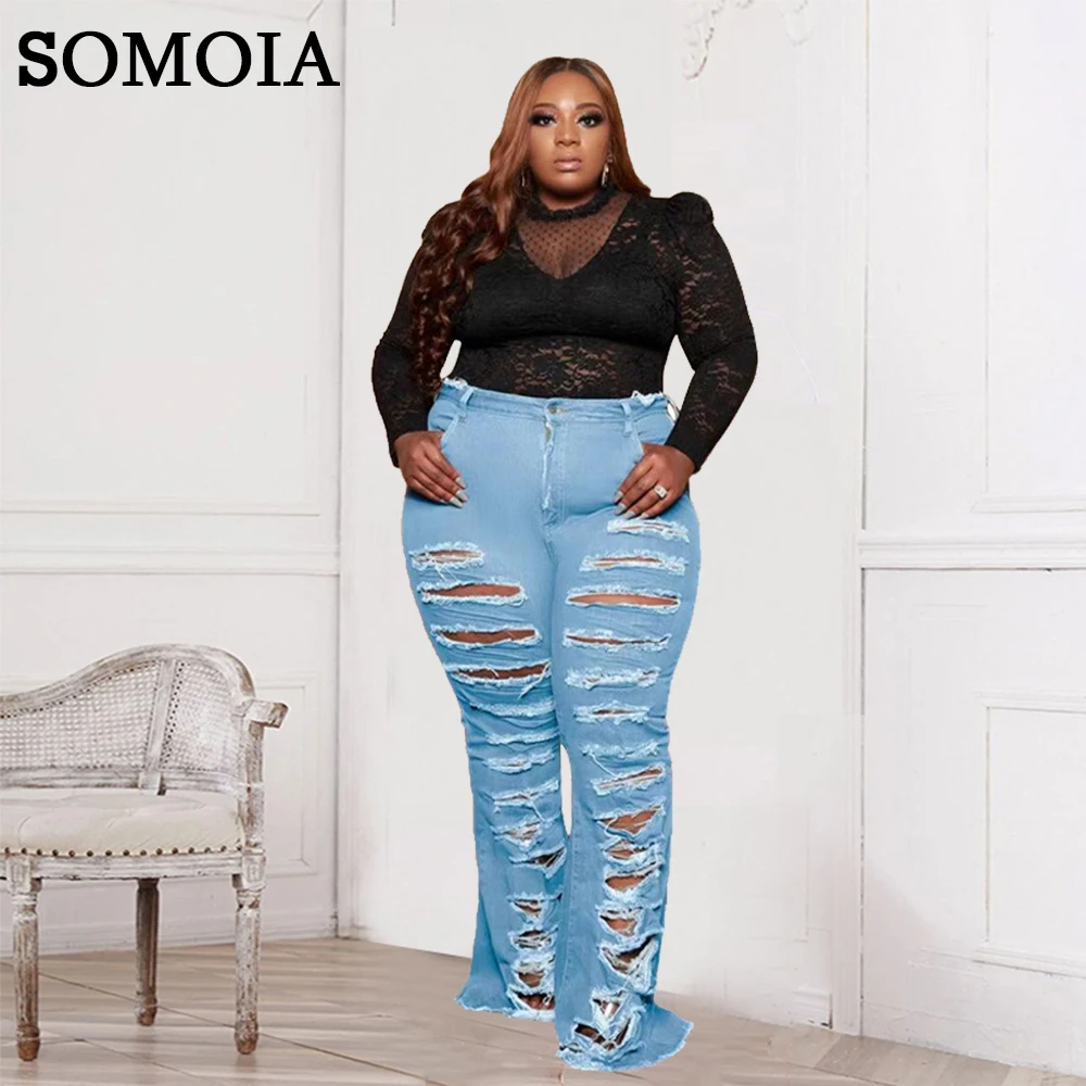 

Plus Size Pants High Street Women Clothing Denim Bottoms Washed Ripped Jeans Cowboy Trousers Casual Flared Pants Wholesale Items