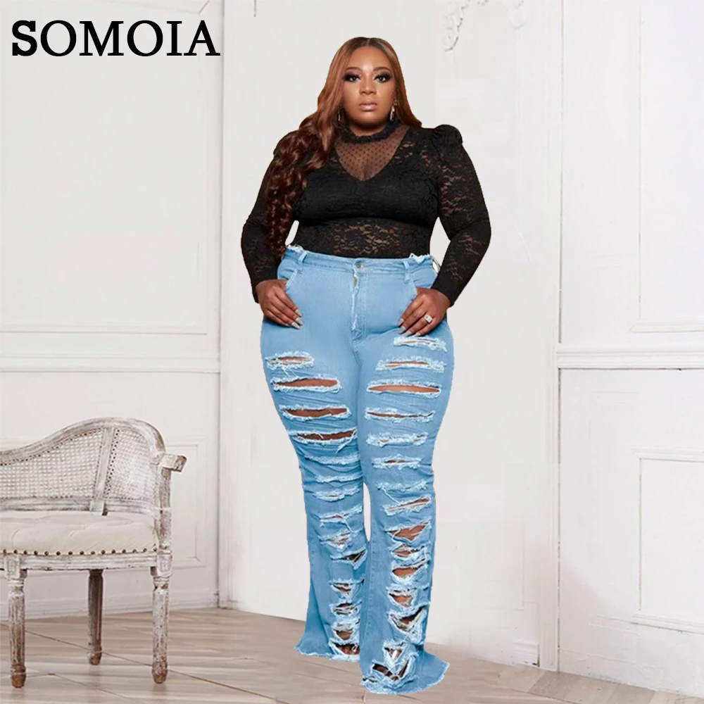 Plus Size Pants High Street Women Clothing Denim Bottoms Washed Ripped  Jeans Cowboy Trousers Casual Flared Pants Wholesale Items