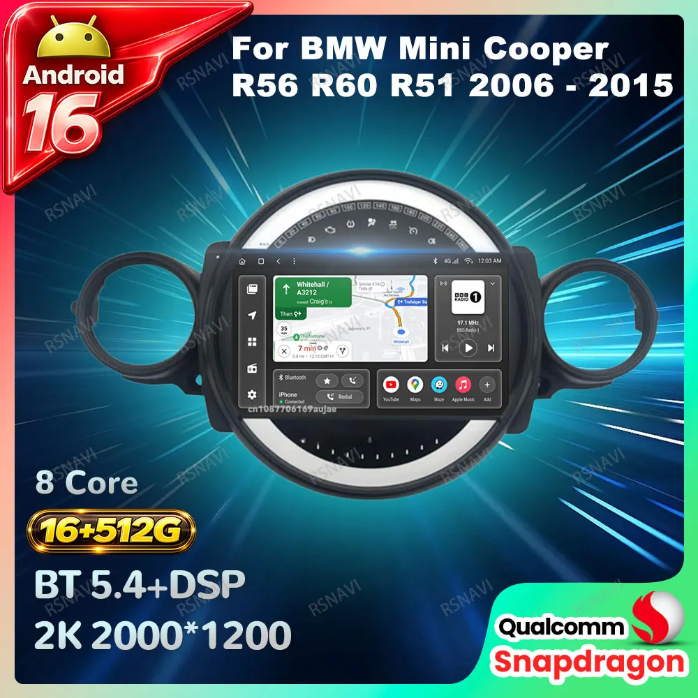 Radio para Auto Android 16 para BMW Mini Cooper R56 R60 R51 2006 - 2015 4G LTE Navegación GPS Qualcomm DSP Unidad Principal Multimedia DVD BT 1