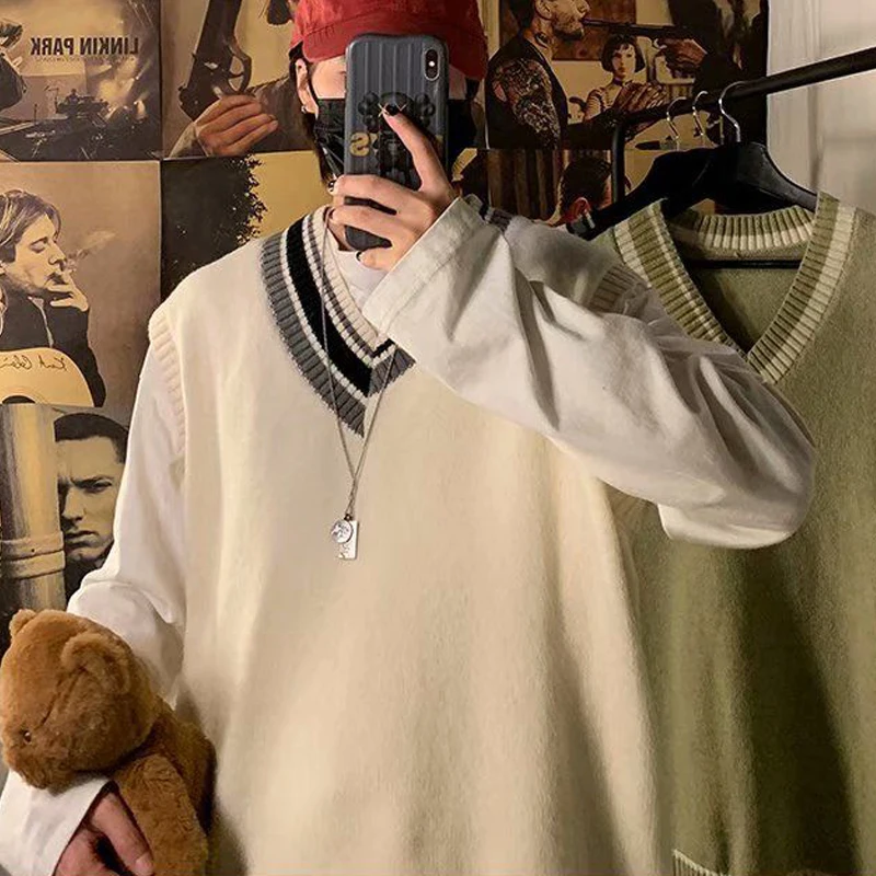 Men's Clothing Trendy College Style Streetwear Loose Knitted Sweater Vest Y2K Korean Vintage Striped V Neck Sleeveless Waistcoat