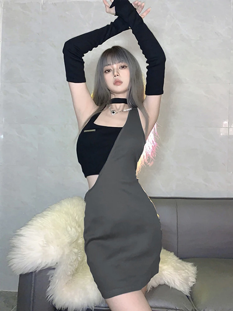 

Kalevest Y2K Bandage Dresses Black Korean Fashion Women Dress Gothic Sexy Mini One Shoulder Dresses Gyaru Patchwork Dress 2023