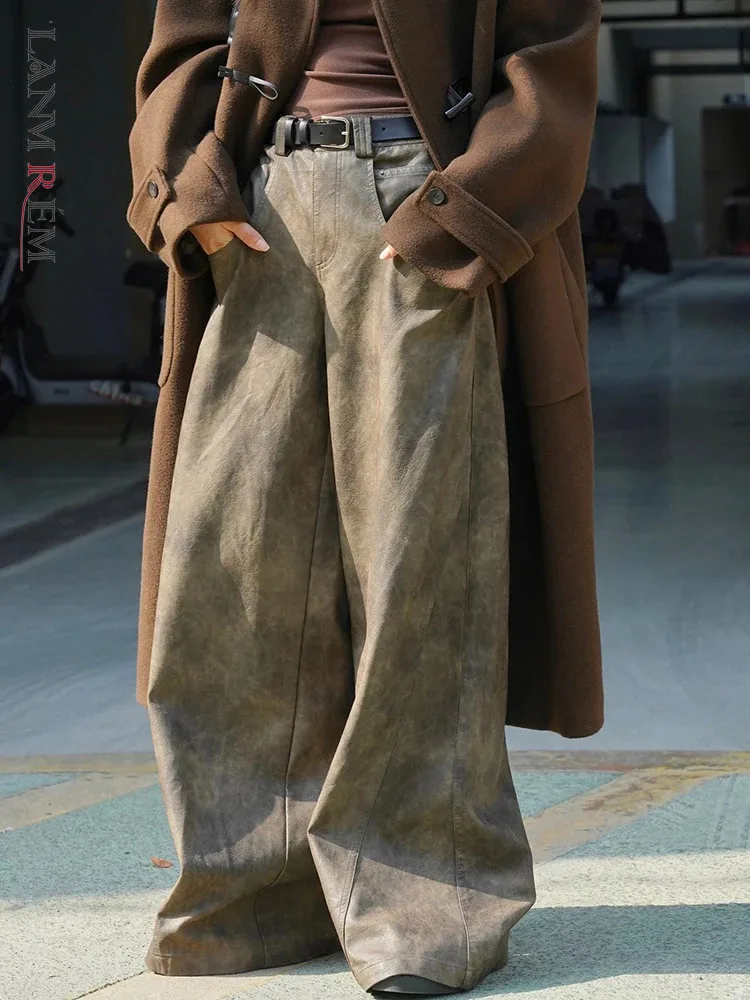 [LANMREM] Vintage High Waist Pu Leather Pants For Women Wide Leg Trousers Streetwear Clothing Female 2023 Winter New 26D7603
