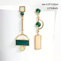 Gold-Toned Asymmetrical Resin Stone Drop Earrings with Green Beads and Geometric Design 2