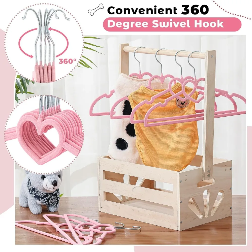 24 Pcs Dog Clothes Hangers 13'' Non-Slip & 360° Swivel Pink Velvet Pet Hangers for Dogs and Cats Rustproof Metal Hooks, Space-Sa
