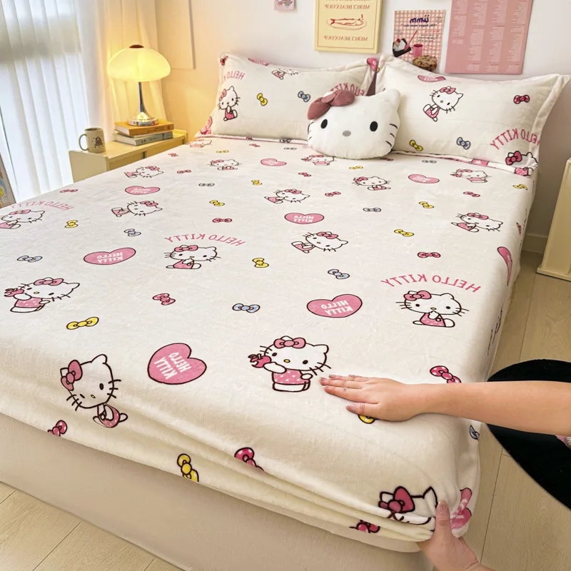 

Sanrio Hello Kitty Milk Fleeced Bed Head Single Sheet Kuromi Cartoon Children Bed Cover Nonslip Mattress Cover Female Xmas Gifts