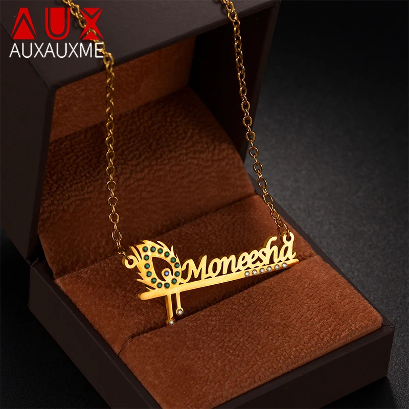 

Auxauxme Custom Feather Name Necklace for Women Stainless Steel Personalized Colorful Crystal Zircon Nameplate Pendant Jewelry