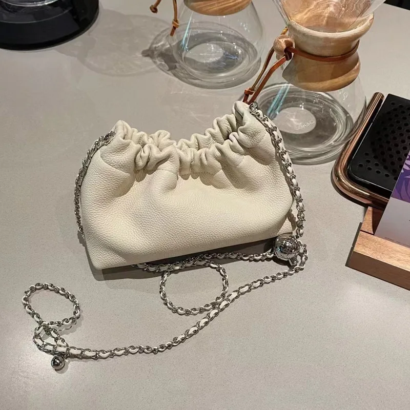 Ruched Design Hasp Open Cloudy Hobo Clutch Bag Beige Small