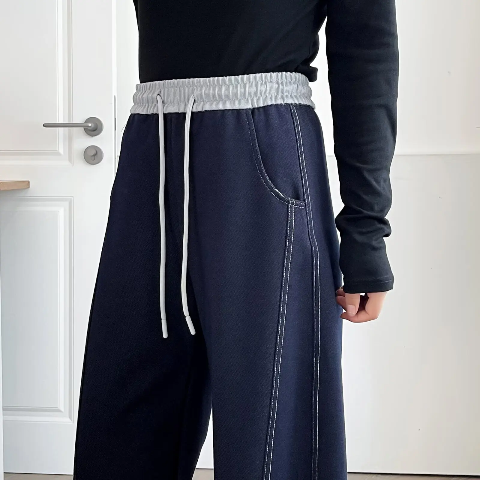 Fashion Plus Size Women's Jeans Autumn New Style Drawstring Elastic Waist Casual Bright Line Harem Pants 8213