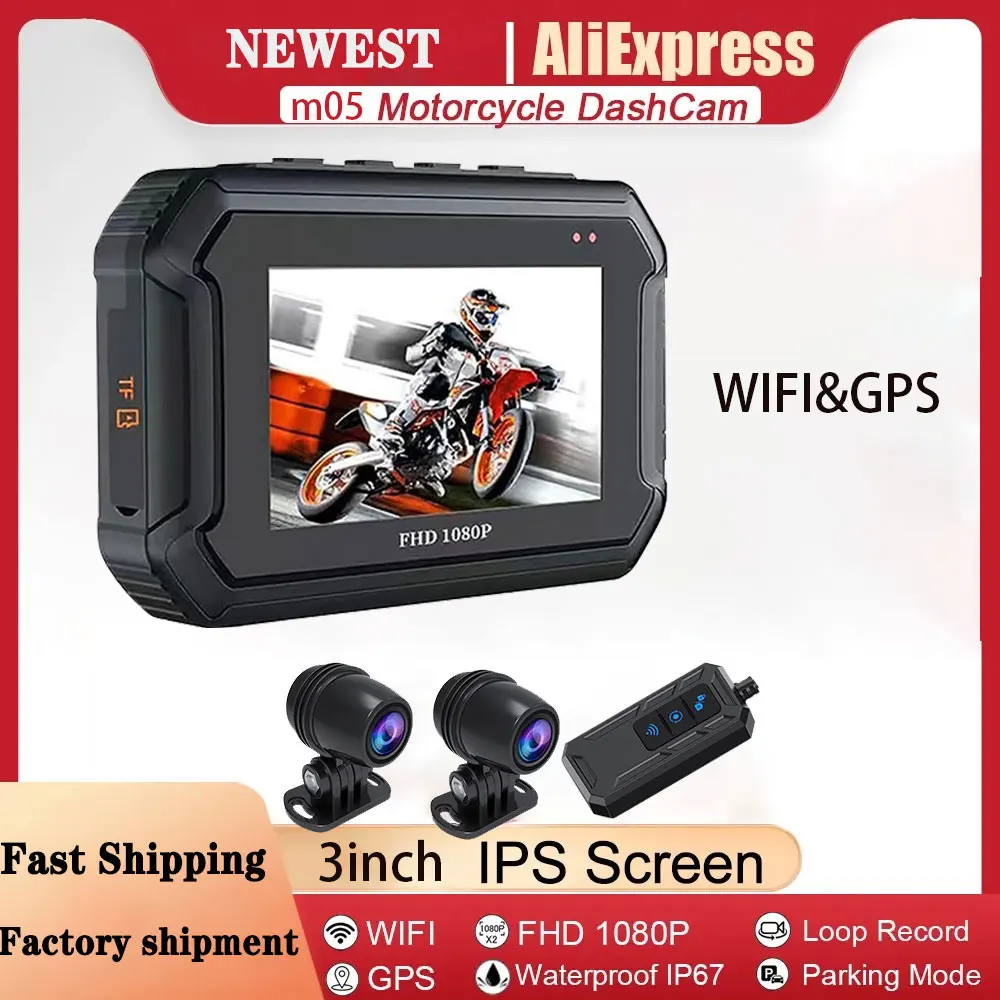 

2023 Newest WiFi Motorcycle DVR Dash Cam Full HD 1080P Front Rear View Waterproof Camera GPS Logger Recorder Box with 24H Park