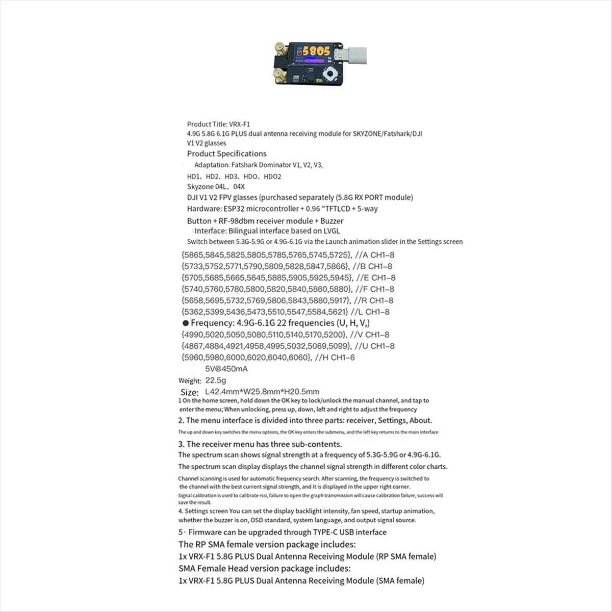T96C 4.9G 5.8G 6.1G PLUS 수신기 모듈 /Fatshark/ V1 V2 FPV 고글용 듀얼 안테나 수신기