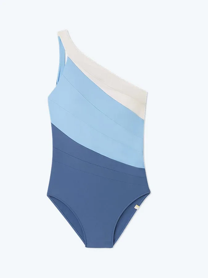 

One Shoulder Color Blocking One Piece Swimsuit Women's Push Up High Waist Bikini Fashion Swimwear Bathing Suit Beachwear 2023