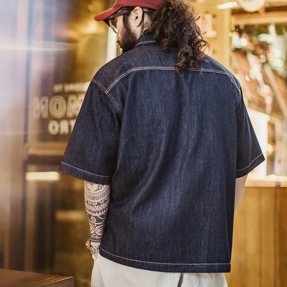 Maden Retro Boro Denim Short Sleeve Shirt Men Summer Indigo Dyed Lapel Single Breasted Casual Overshirt Street Outfits Blouse denim shirt