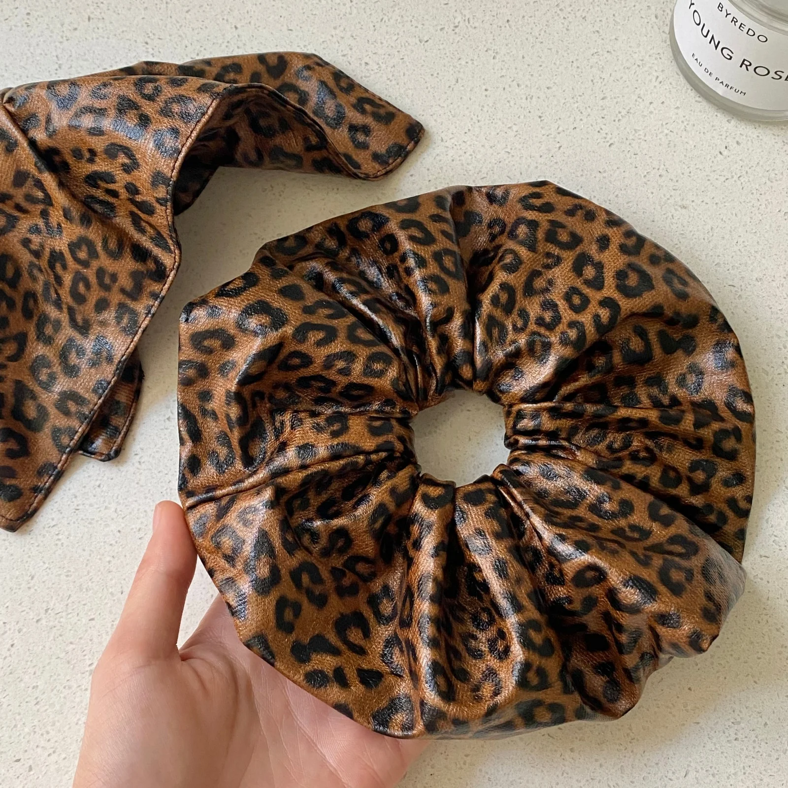1pc Leopard Print Faux Leather, Brown Oversized Hair Scrunchy & Triangle Hair Scarf Vintage Y2K Hair Accessories For Party Daily