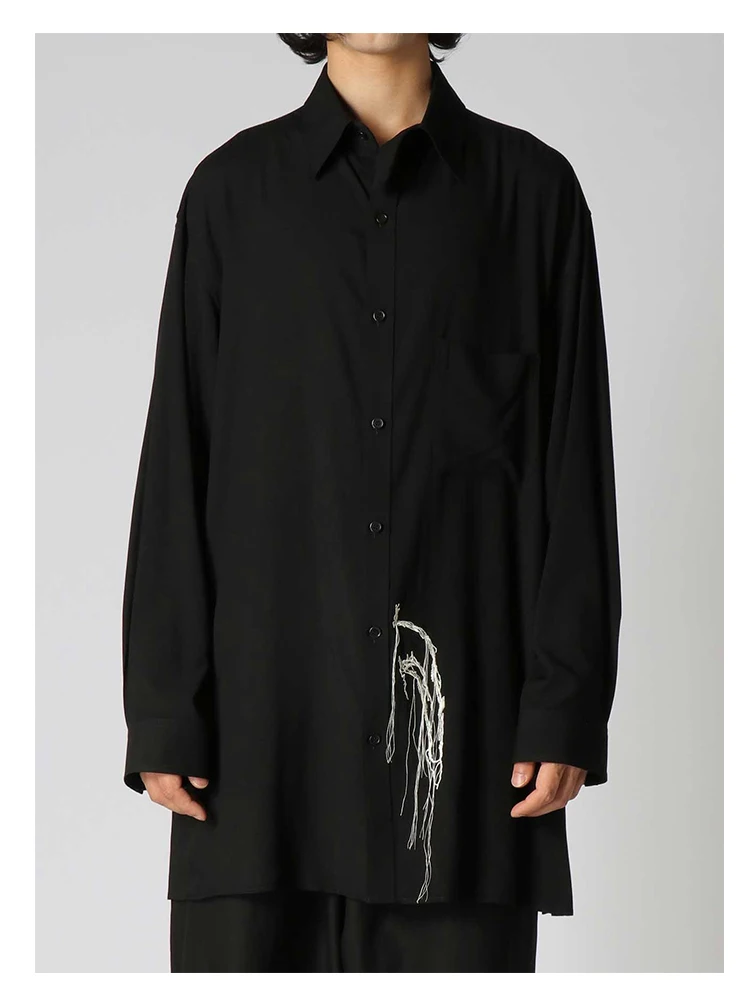 Tassel Embroidery Unisex Shirt Oversized Yamamoto-Style Homme Black Shirt Owens Tops For Man Black Shirts And Blouses