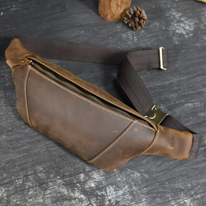 

Retro Crazy Horse Skin Men's Waist Bag Genuine Leather Crossbody Bag Outdoor Sports Multi Function Chest Bag Mobile Waist Bag