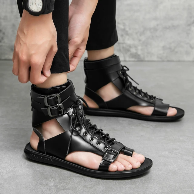 Sandales gladiateur en cuir pour hommes, chaussures romaines en liège, tongs de plage, bottes de rinçage, noir et blanc, marque de créateur, marche, été 1