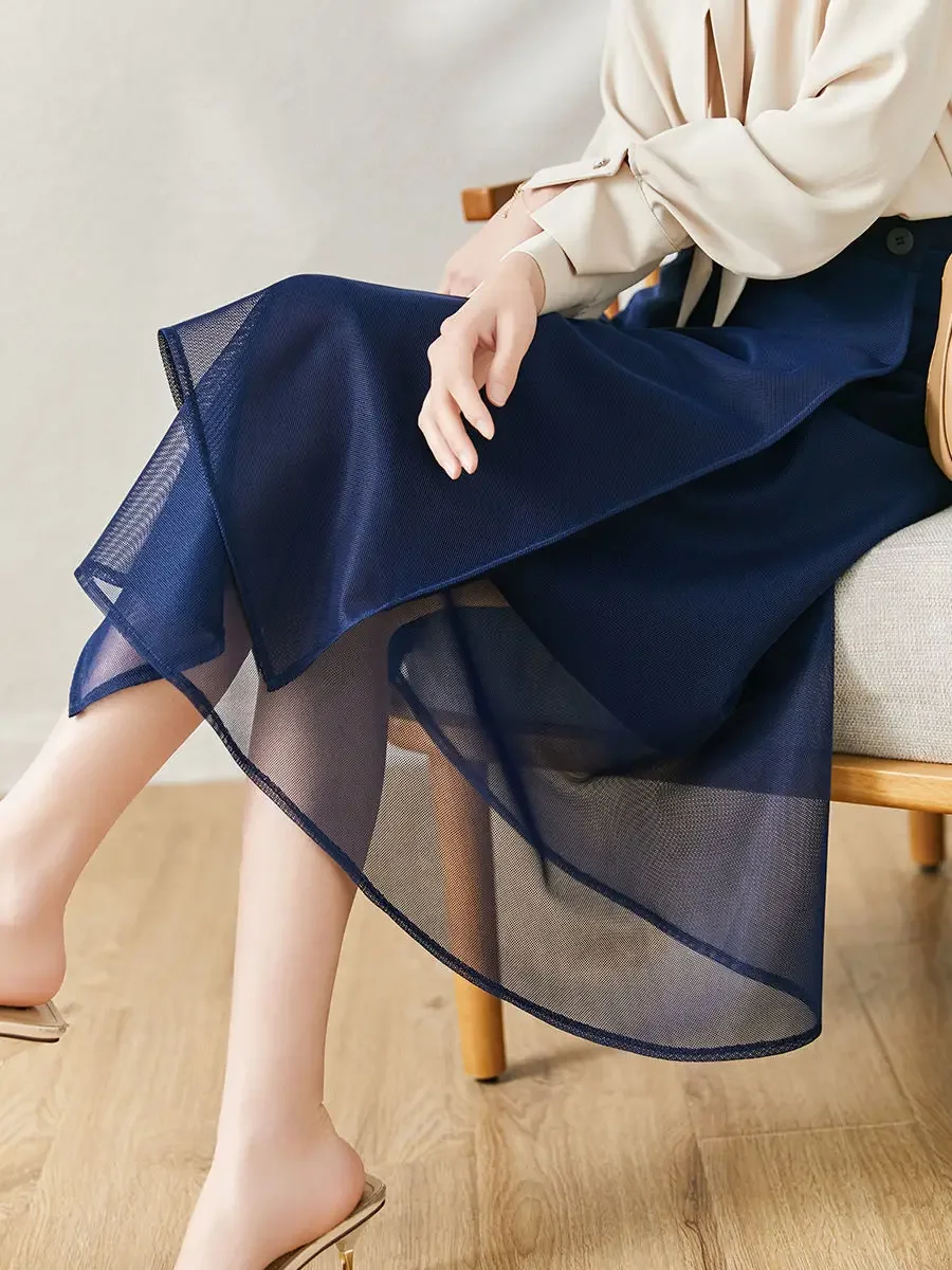 

2024 New Spring/Summer Leisure Mesh Silk Skirt A-line Pleated Ribbon Blue Skirt Women's Irregular Mid Length Skirt P700