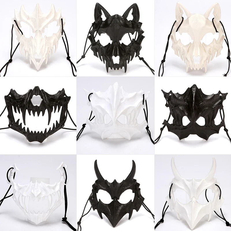 Maschera Per Feste Denti Lunghi Demon Samurai Skeleton Half Face Mask Wolf Dragon Tiger Mask Cosplay Halloween Costume Puntelli