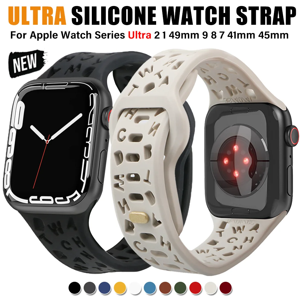 

Силиконовый браслет с надписью на английском языке для Apple Watch Ultra 2 49 41 мм 38 мм, ремешок для IWatch Series 9 8 SE 6 5 45 мм 44 мм, полого ремешка
