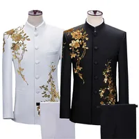 Fashion Men Stand Up Collar Floral Suit Luxurious Sequin Clothing Male Business Social Wedding Ball Party Dress Blazer and Pants