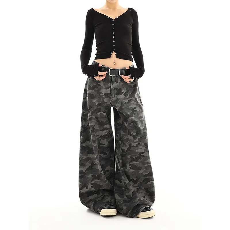 Women camouflage Jeans Sense design Vintage High Waisted Straight Denim Trouser Y2K American Streetwear Wide Leg Denim Pants ﻿ 3