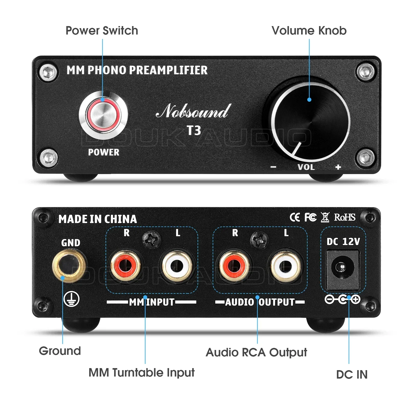 Douk Audio T3 HiFi MM RIAA Phonograph Preamplifier RIAA Home Record Player Phono Stage Preamp Turntable Amplifier Volume Control