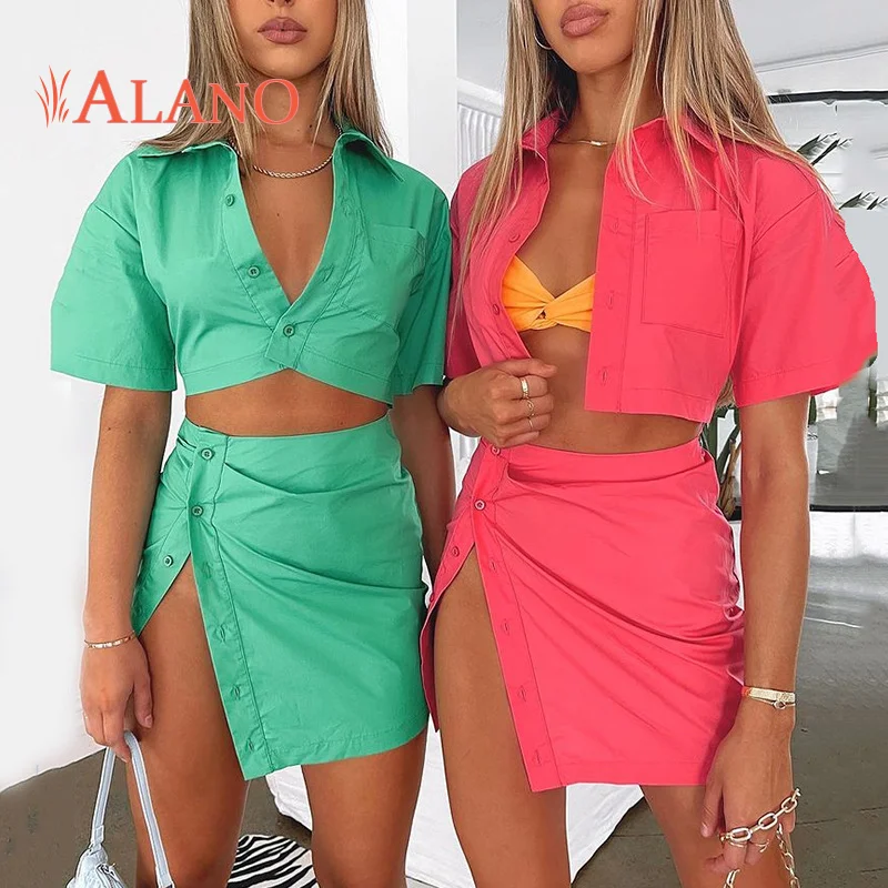 ALANO Summer Two 2 Piece Set High-Street Style Hot Single Breasted Short Sleeve Tops and High Waist Bodycon Mini Skirt Outfit crop top with skirt